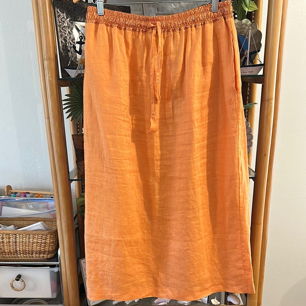 OTTOD’AME ORANGE‎  LINEN SLIT STRAIGHT DRAWSTRING SKIRT METALLIC WAIST